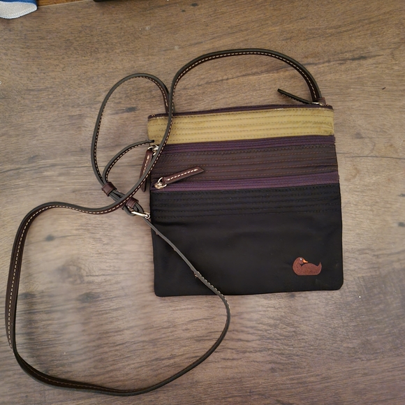 NWOT Dooney & Bourke Brown Black Gold Striped Nylon Crossbody Bag - Picture 1 of 3